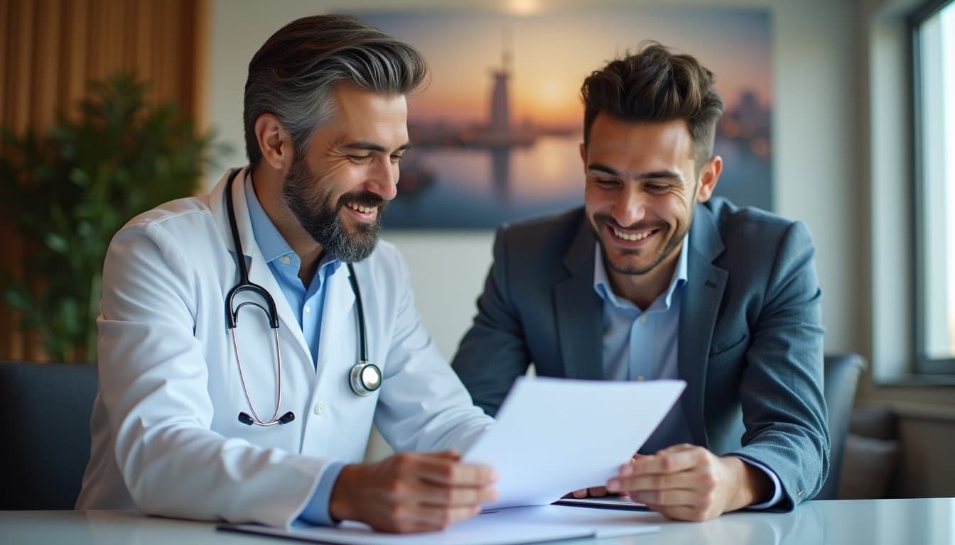 A doctor and a person discussing allocation looking happy
