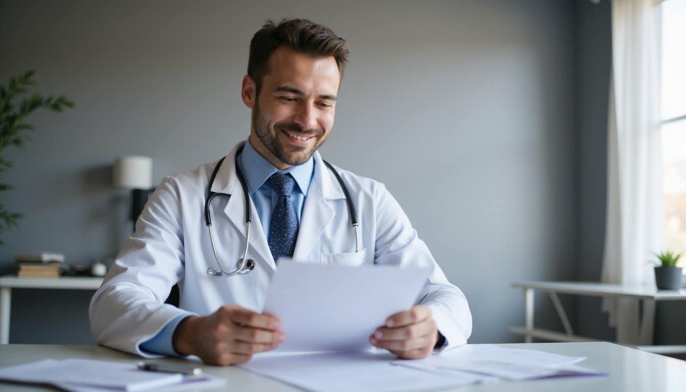 Physician smiling while looking over a professional contract at an office workspace.