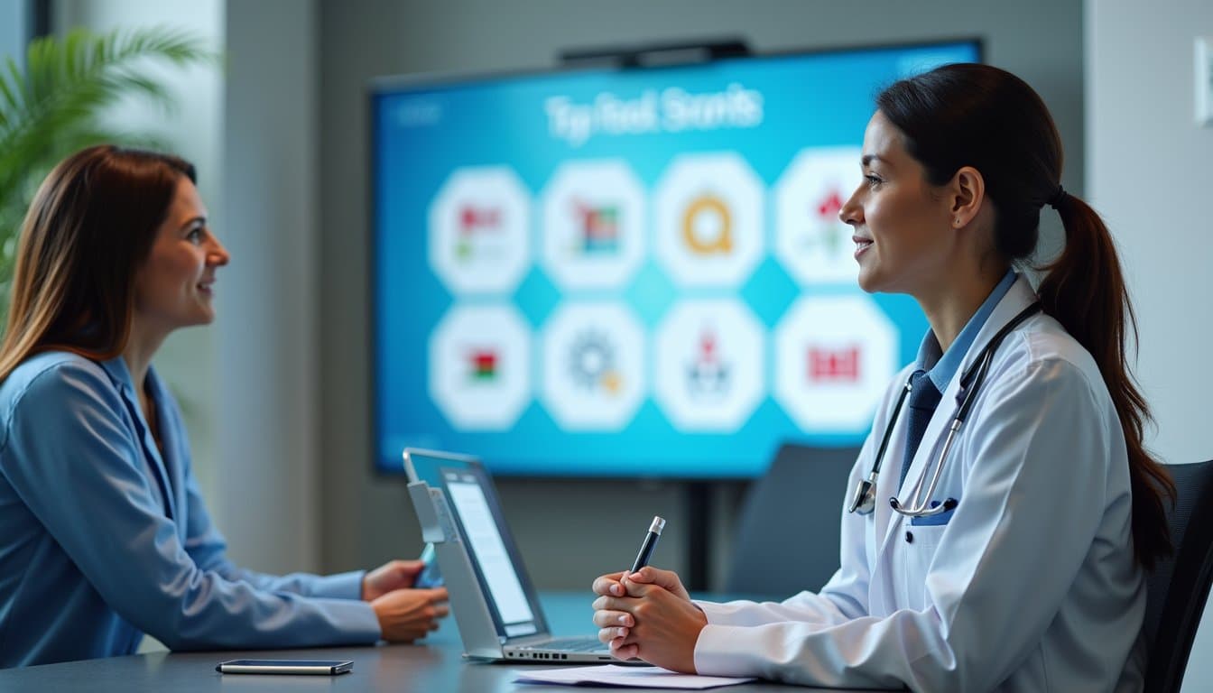 A woman talking to a doctor at the reception type of area