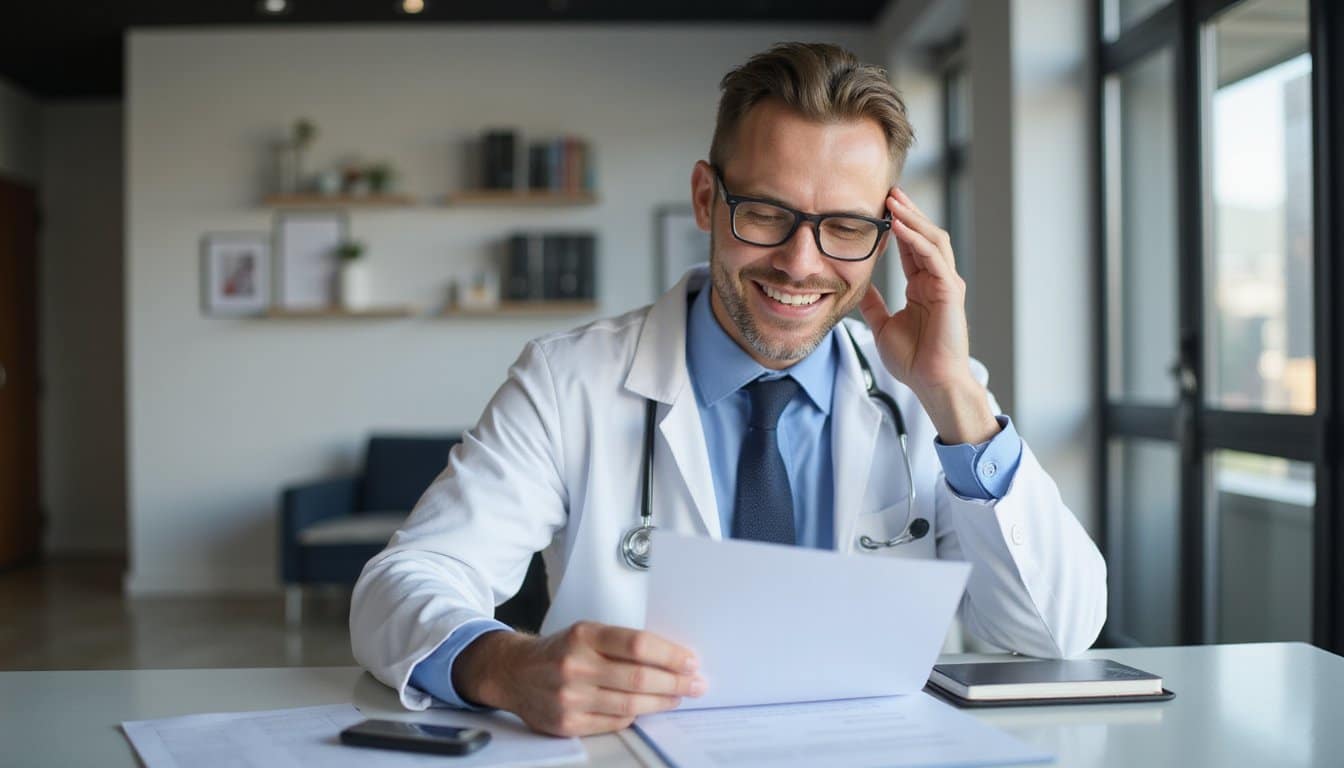 Doctor reviewing a job offer document at a professional workspace.