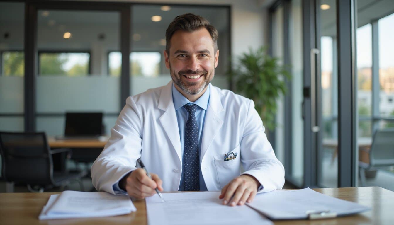 Doctor smiling as they examine a job contract in a contemporary office.