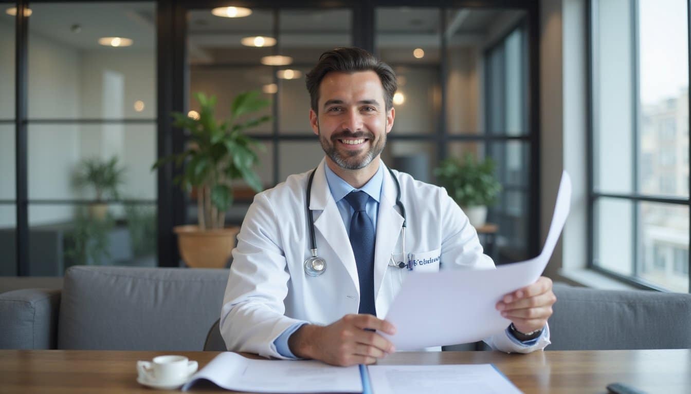 Healthcare professional smiling while evaluating a medical contract.