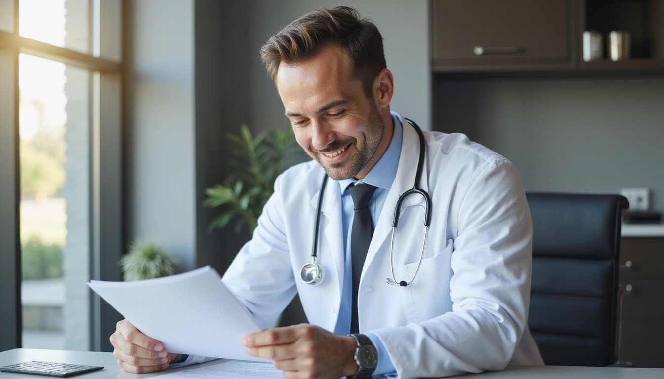 Physician in business attire reading employment paperwork in a modern office.
