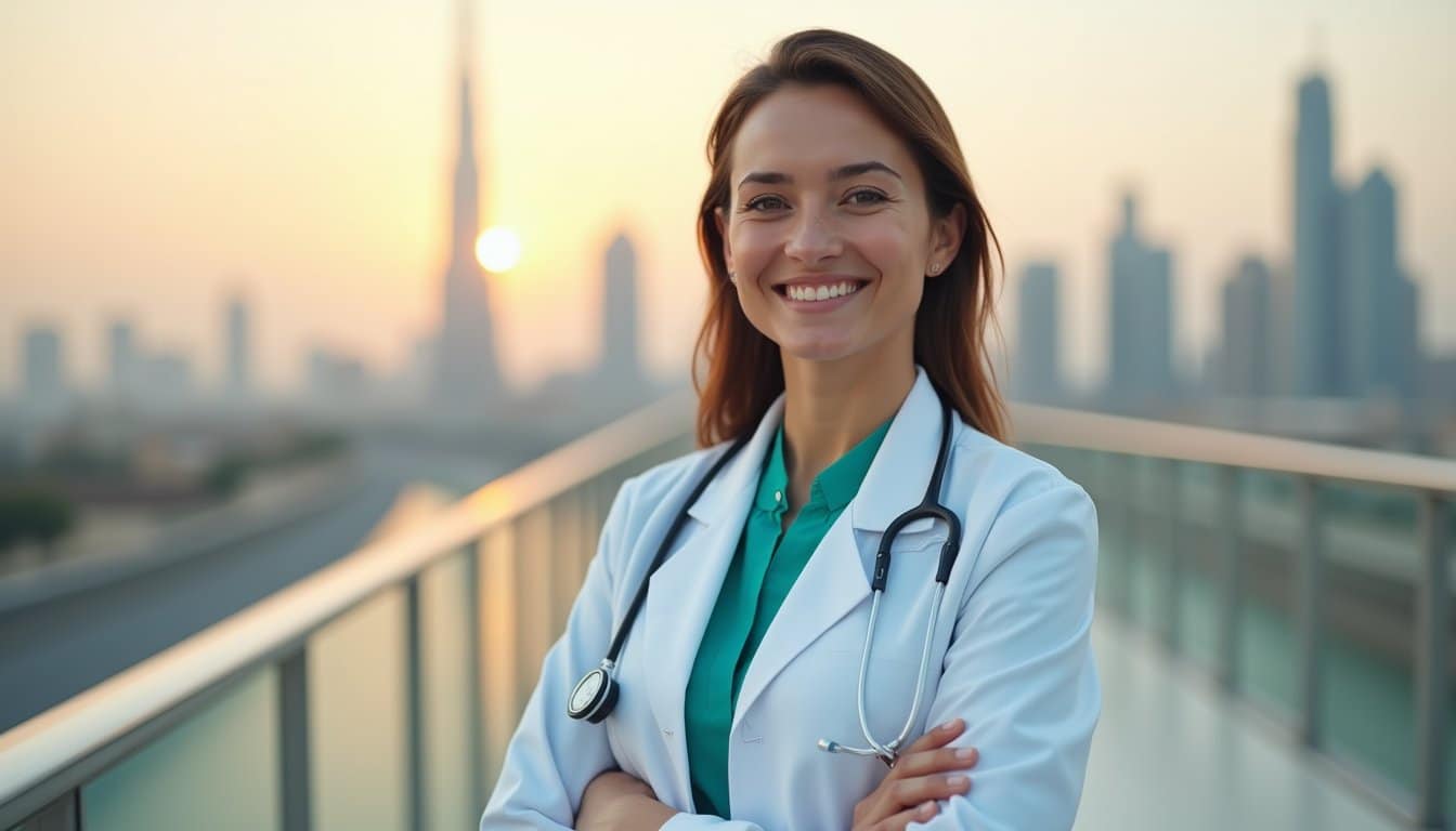 Professional doctor with optimistic expression and urban skyline