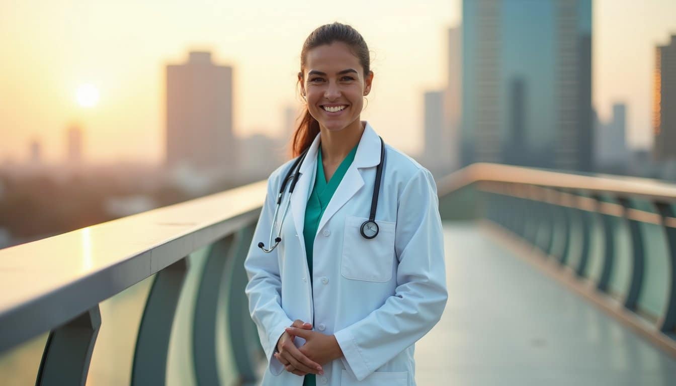 Physician on elevated bridge with glowing Dubai skyscrapers behind