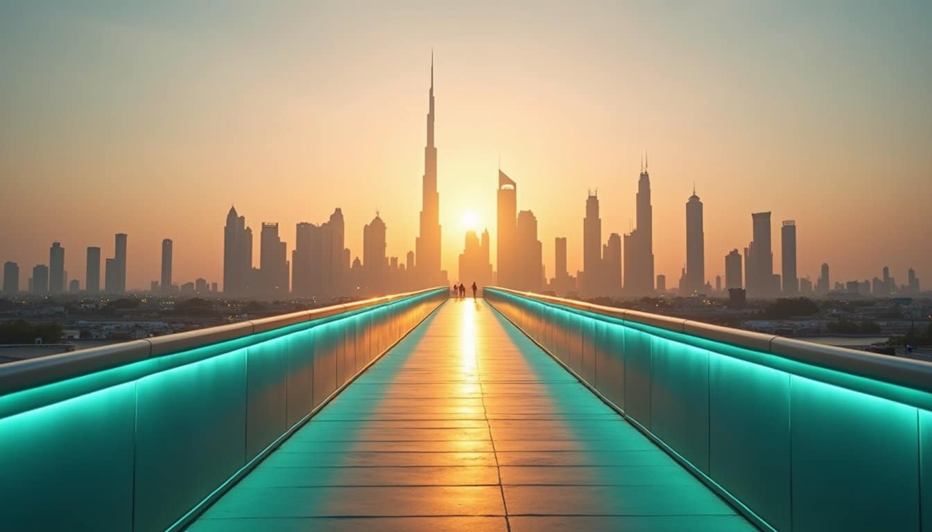 Architectural walkway with teal accent lighting and sunset city view