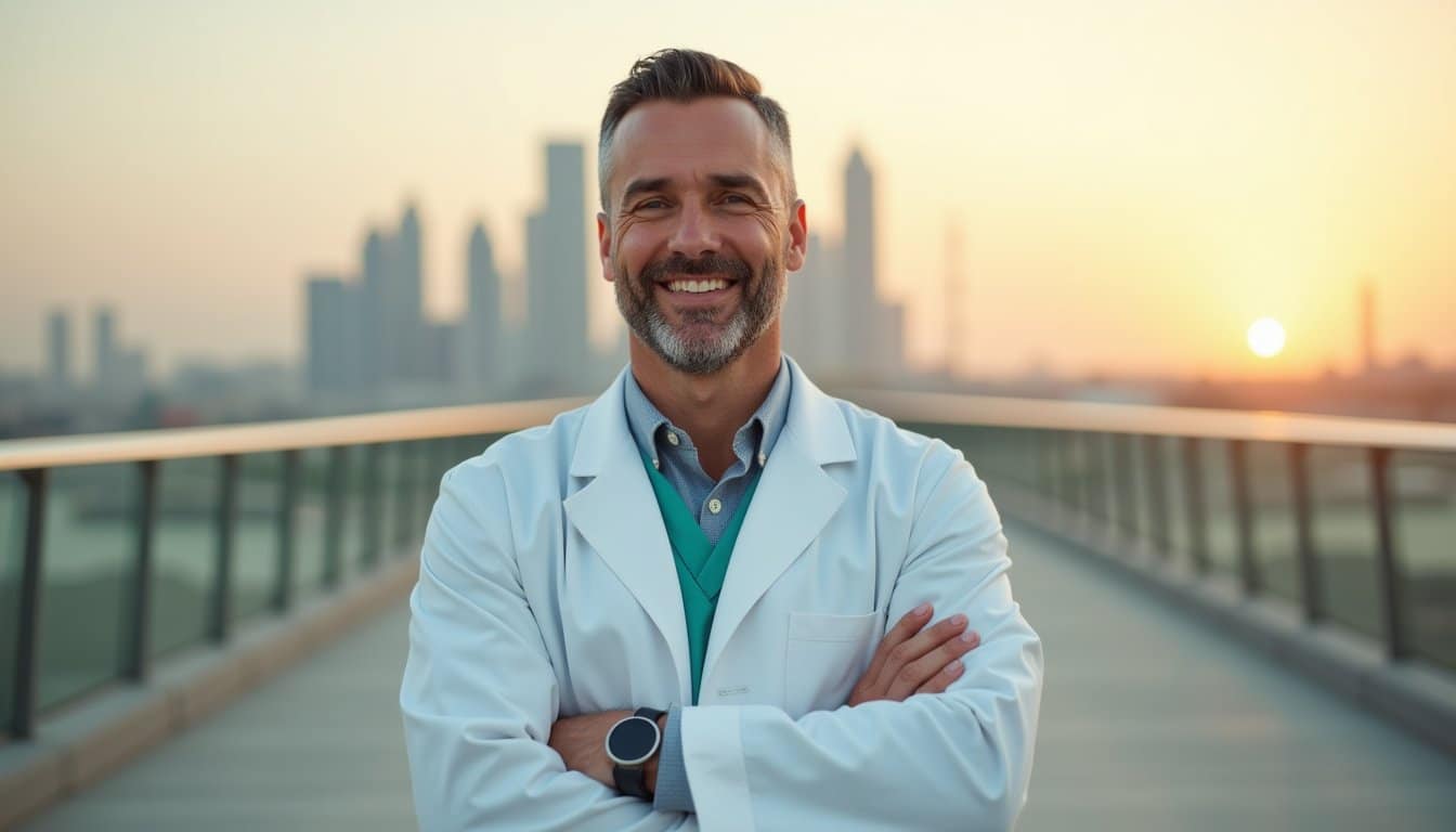 Doctor in crisp white coat on elevated walkway at sunset