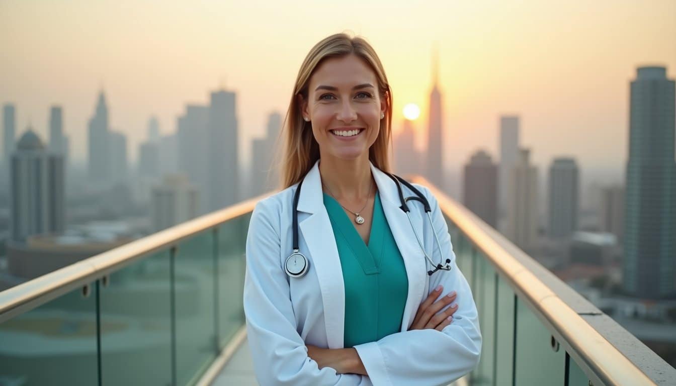 Medical professional standing outdoors with Dubai skyline behind