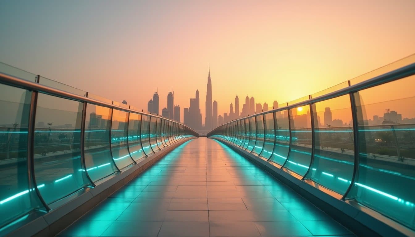 Premium urban bridge scene with golden hour light and skyline backdrop