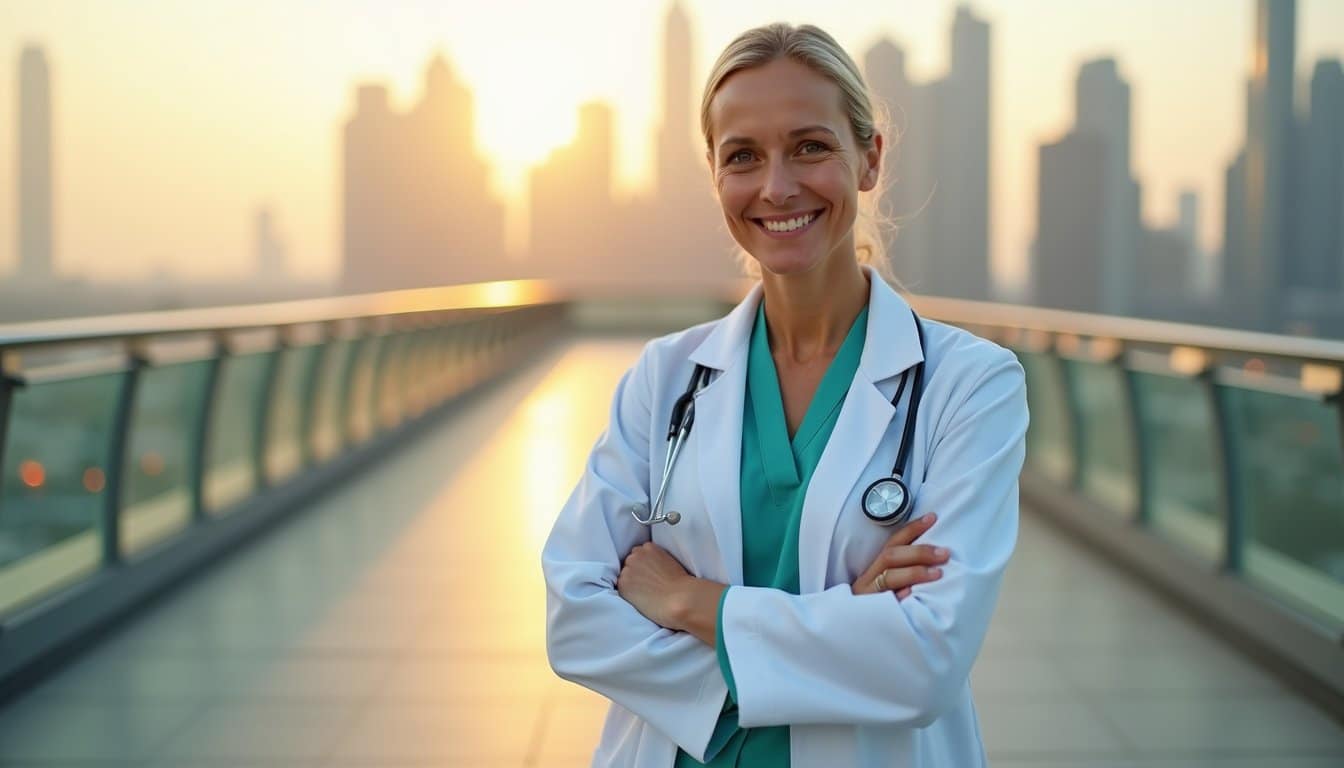 Western-trained doctor overlooking Dubai skyline from elevated walkway