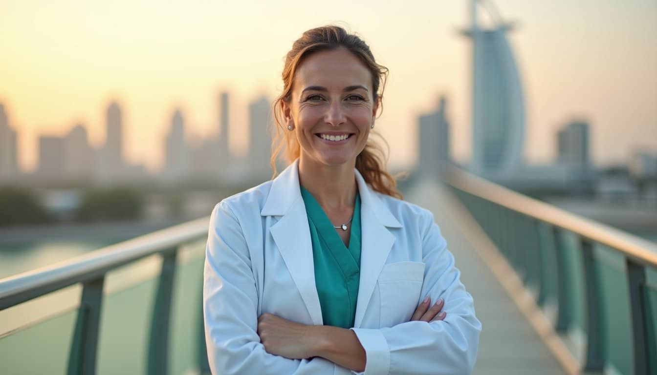 Professional physician with optimistic expression against Dubai cityscape