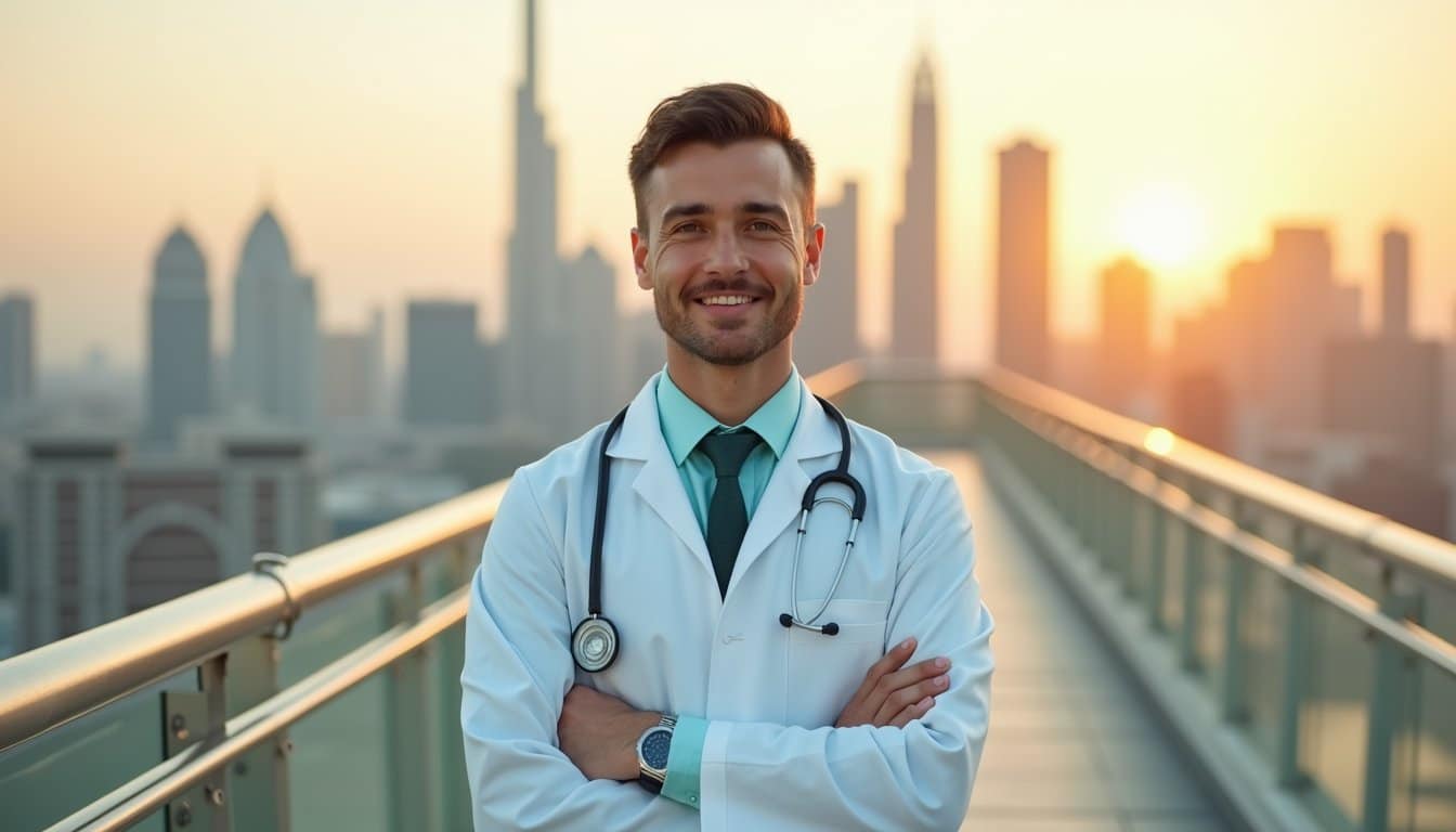 Doctor in professional attire with warm sunset city backdrop