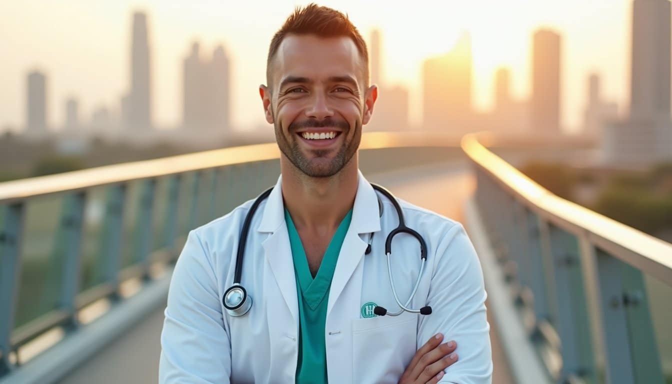 Doctor in crisp white coat against golden Dubai horizon