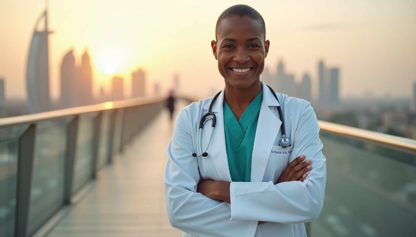 Healthcare specialist posing confidently with Dubai skyline view