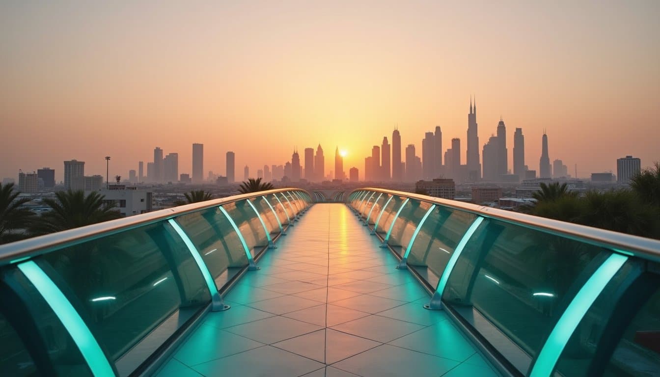 Contemporary walkway with subtle teal rail lighting overlooking Dubai skyline