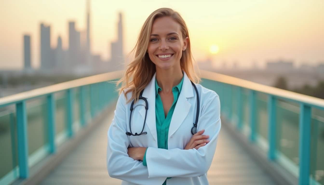 Confident Western-trained doctor standing on elevated walkway with Dubai skyline at sunset