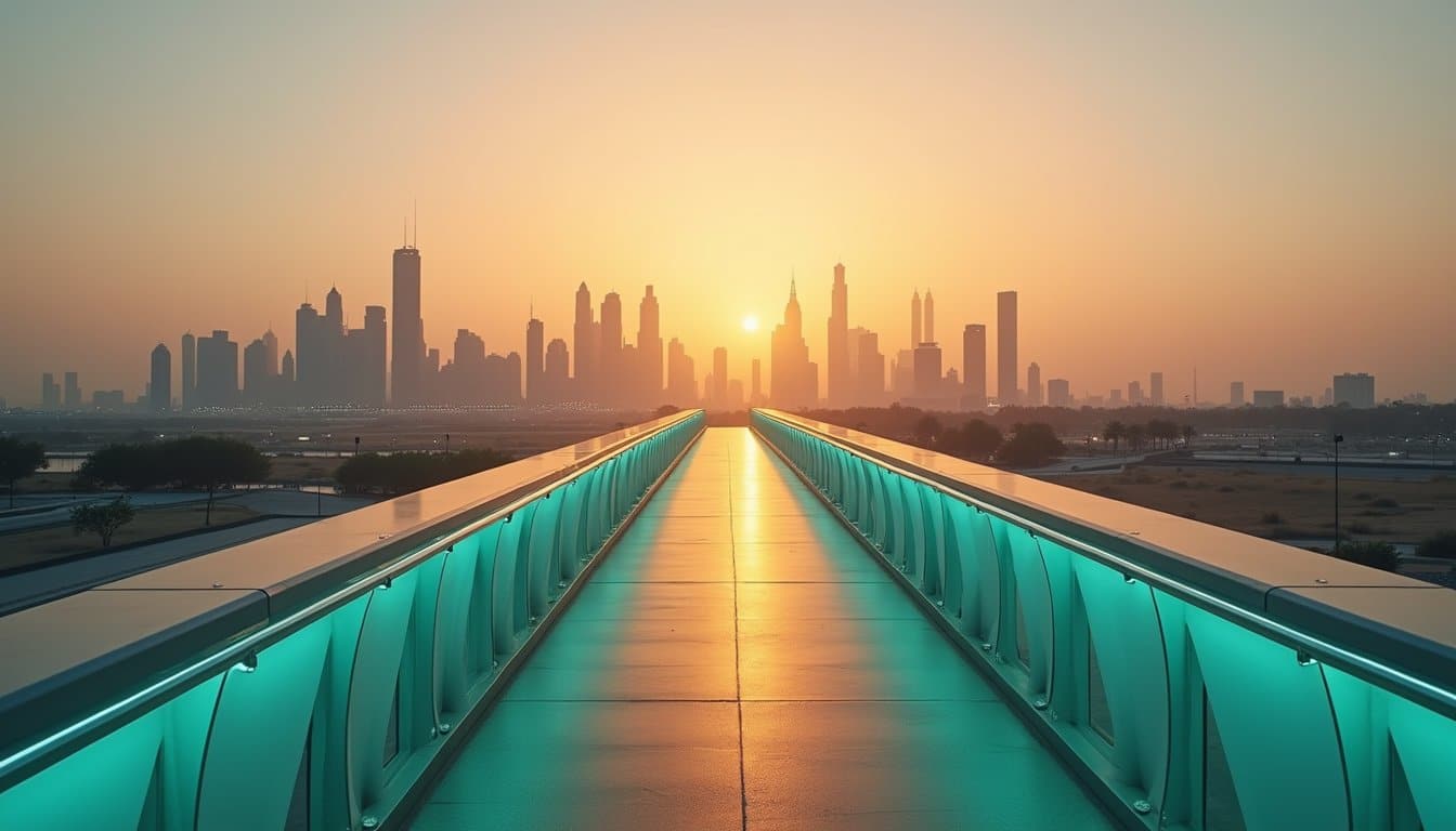 Modern pedestrian bridge at sunset with city skyline in background