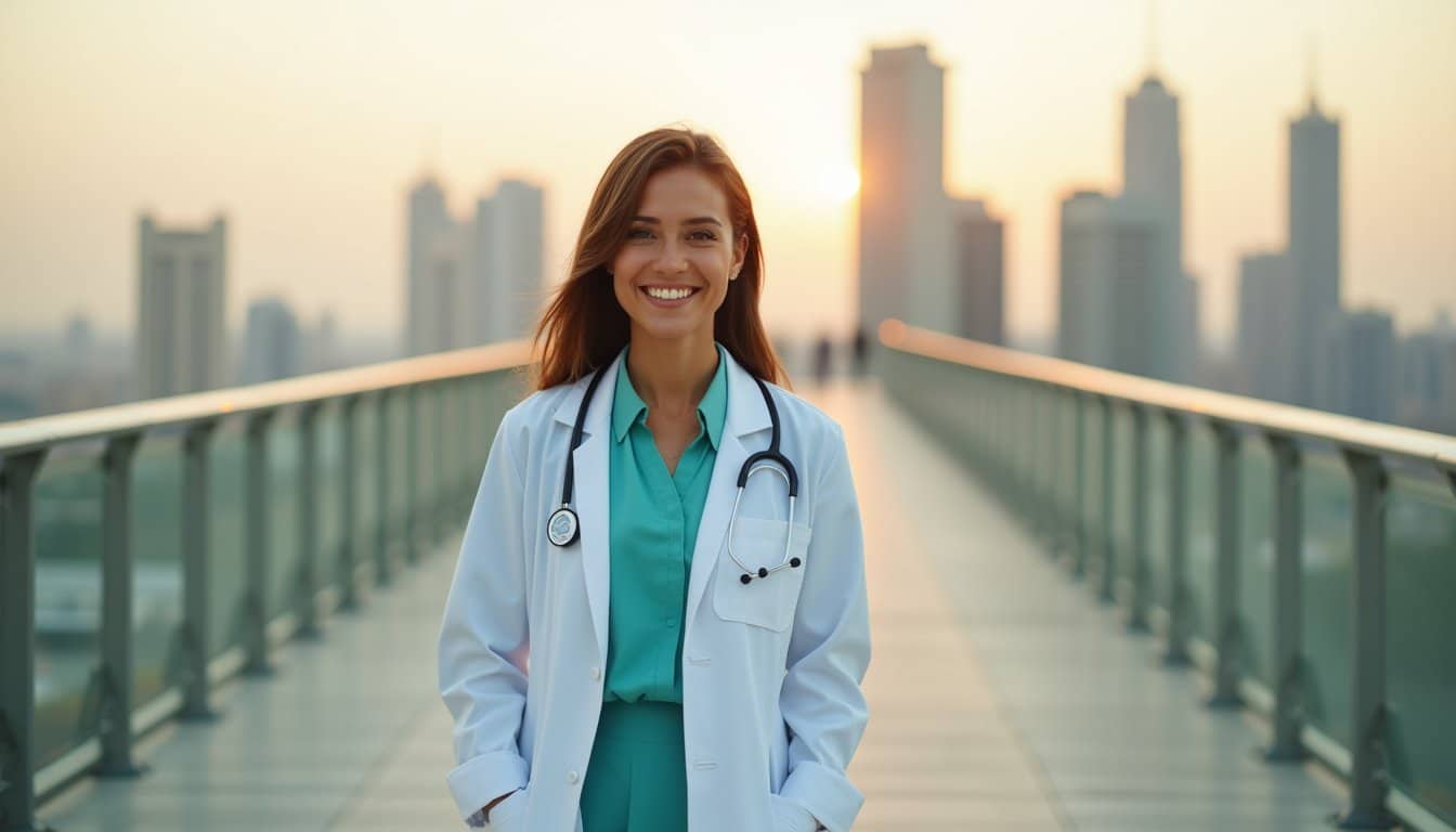 Healthcare professional framed by warm golden hour city skyline