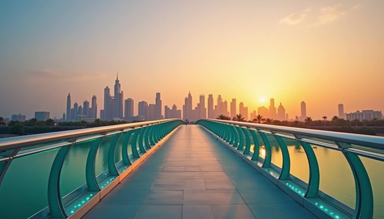 Elegant bridge design with warm sunset glow and Dubai cityscape