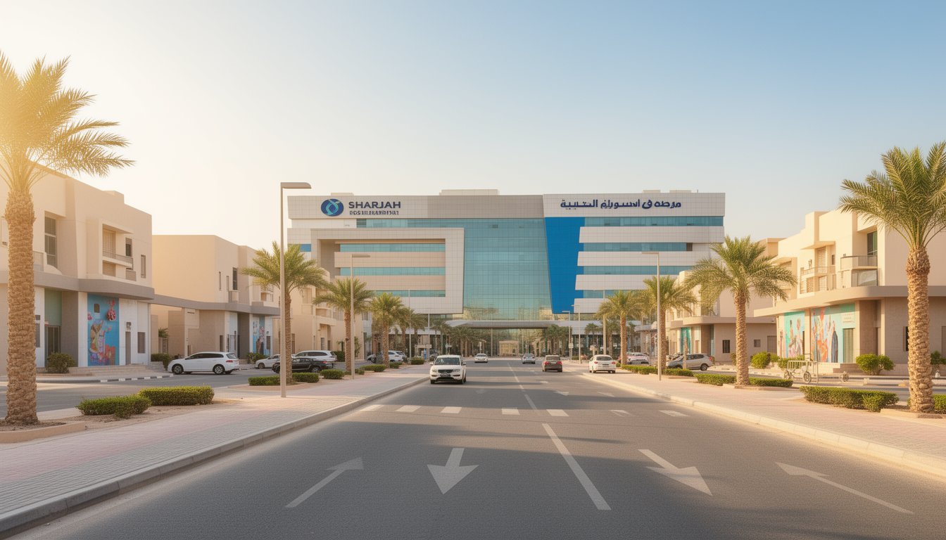 Sharjah healthcare district with bright sunlight and modern architecture