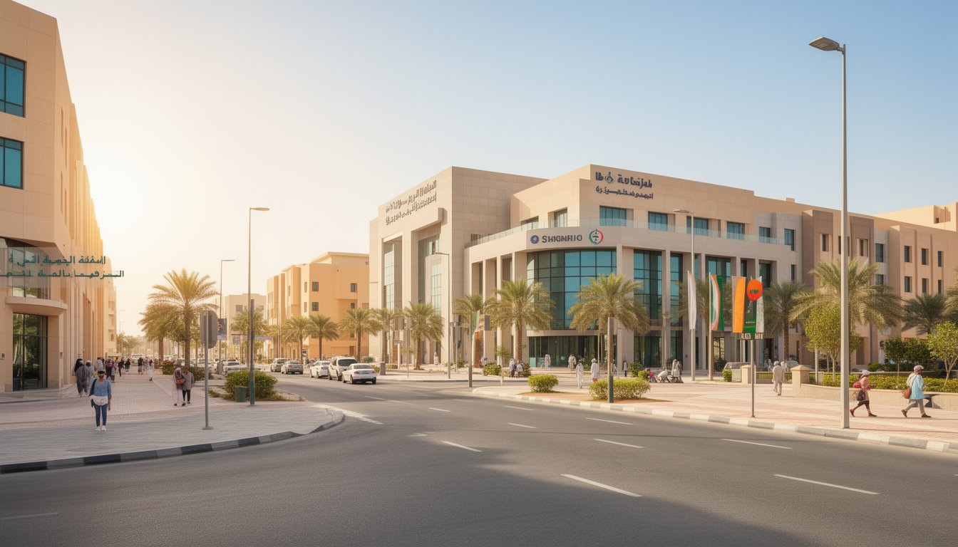 Sunny Sharjah urban landscape with a contemporary hospital exterior