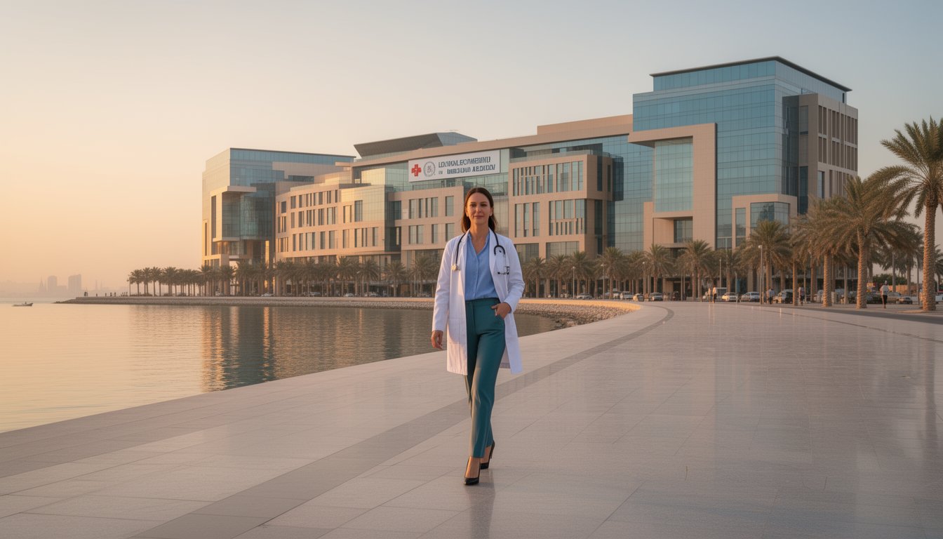 Sunrise in Dubai with doctor walking near modern hospital complex