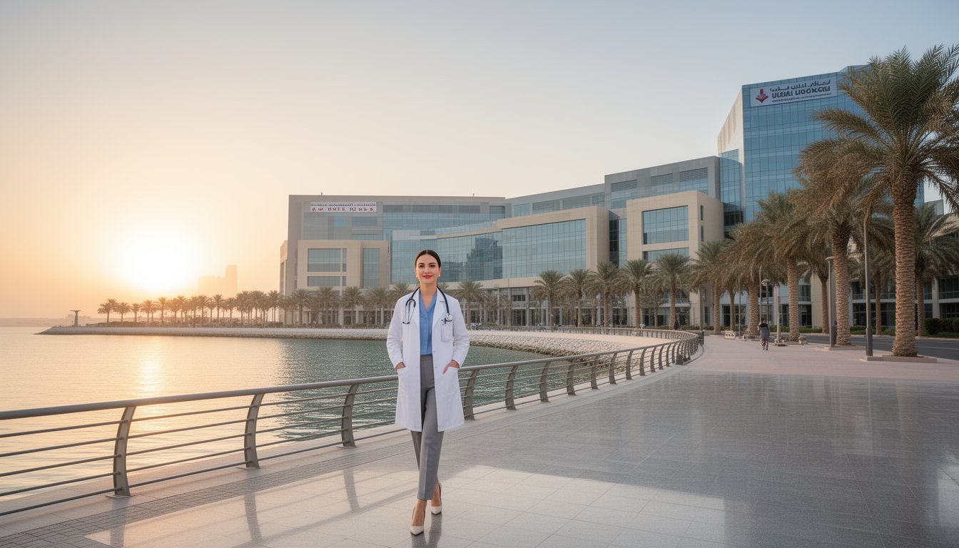 Modern healthcare environment in Dubai with doctor walking outdoors