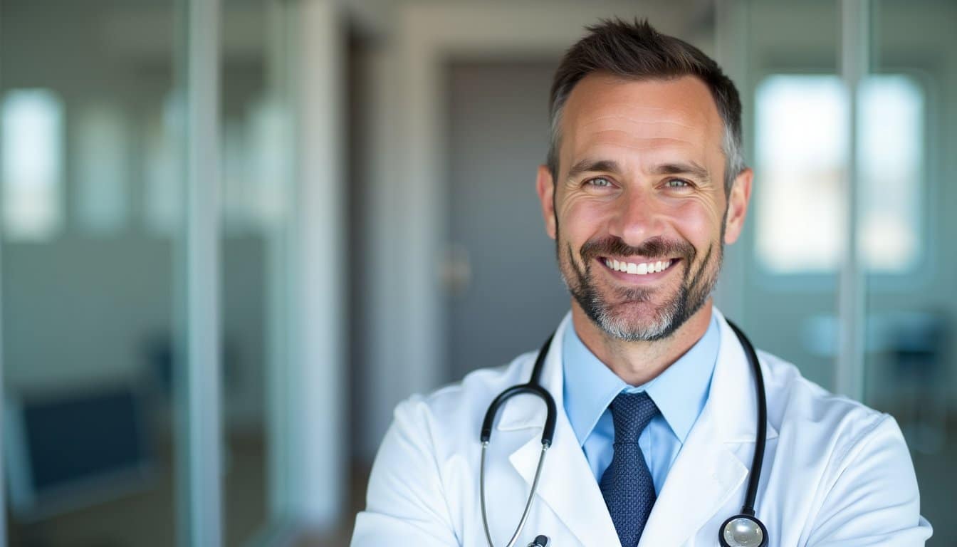 Doctor standing by Dubai marina skyline in a calm lifestyle moment