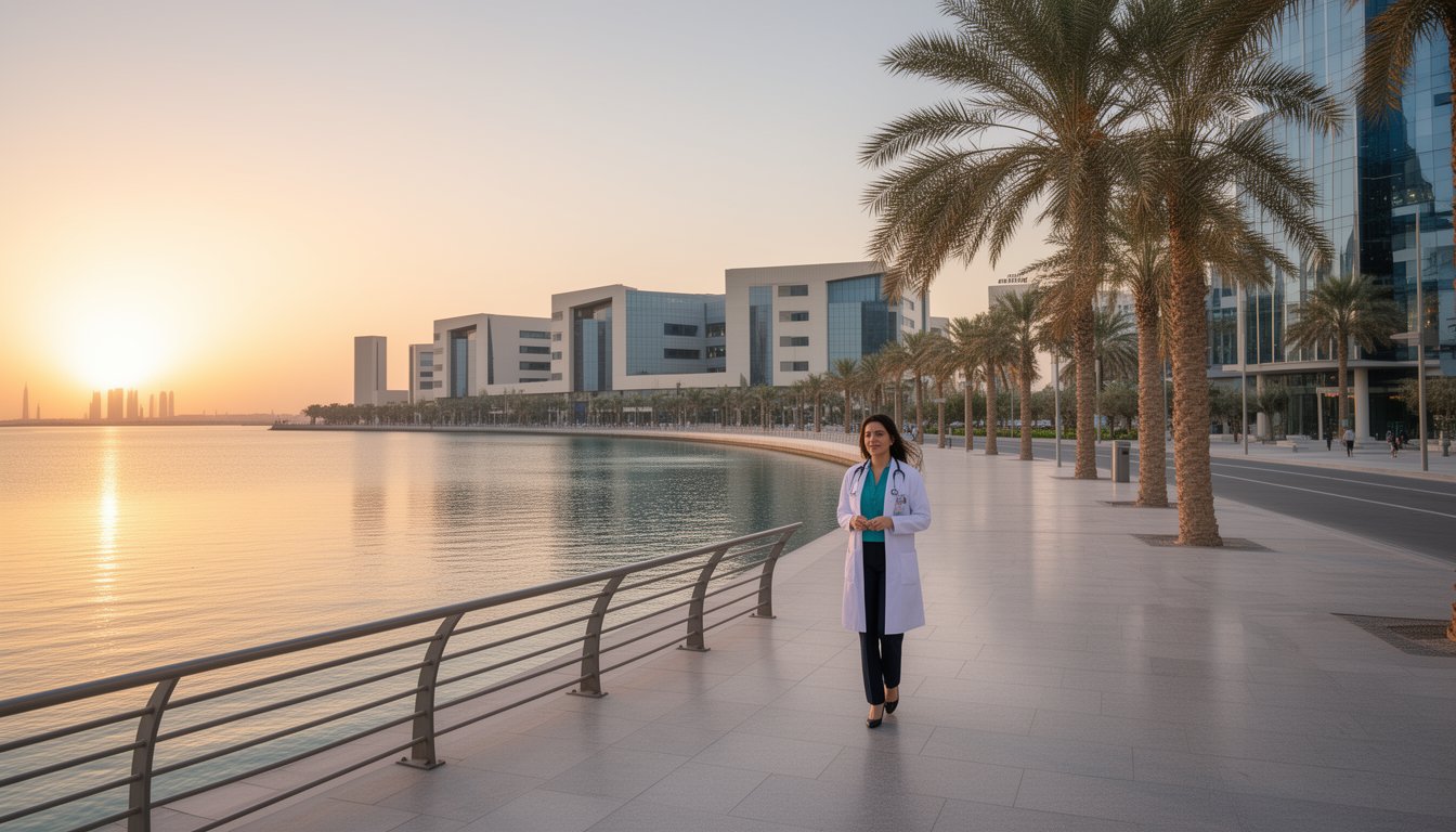 Confident doctor walking in Dubai near a contemporary medical campus