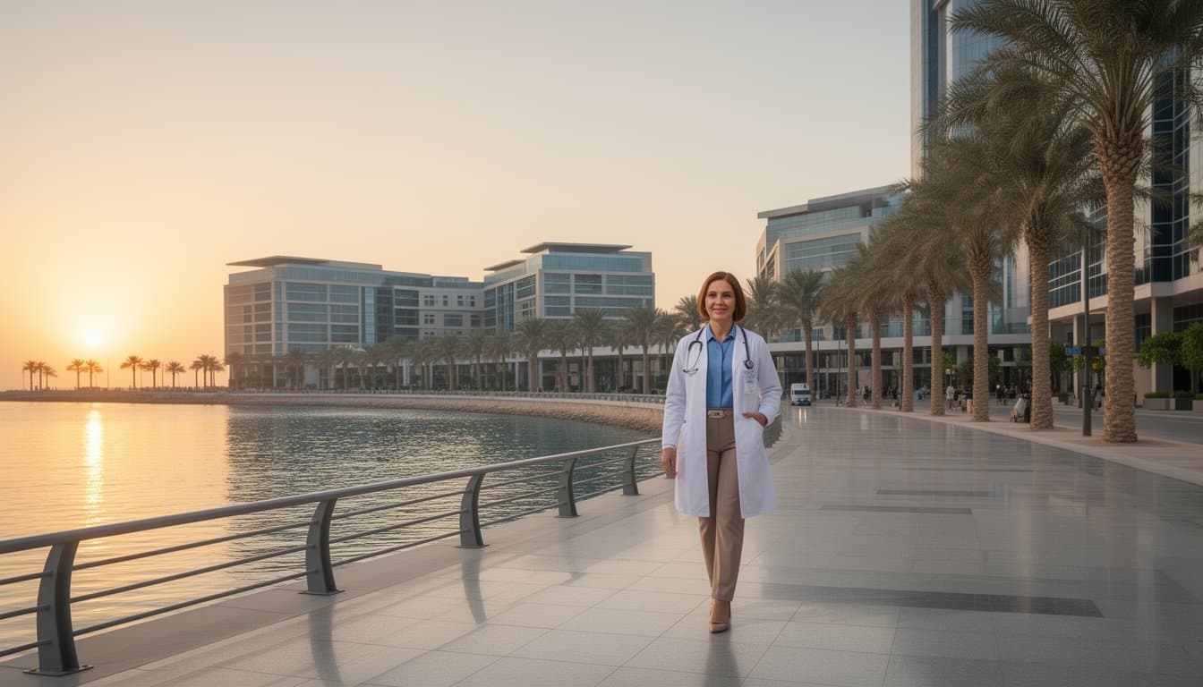 Doctor in professional attire on Dubai promenade with medical campus view