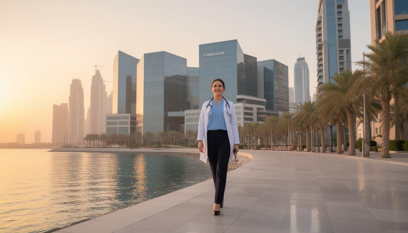Doctor in Dubai near palm-lined streets and modern hospital