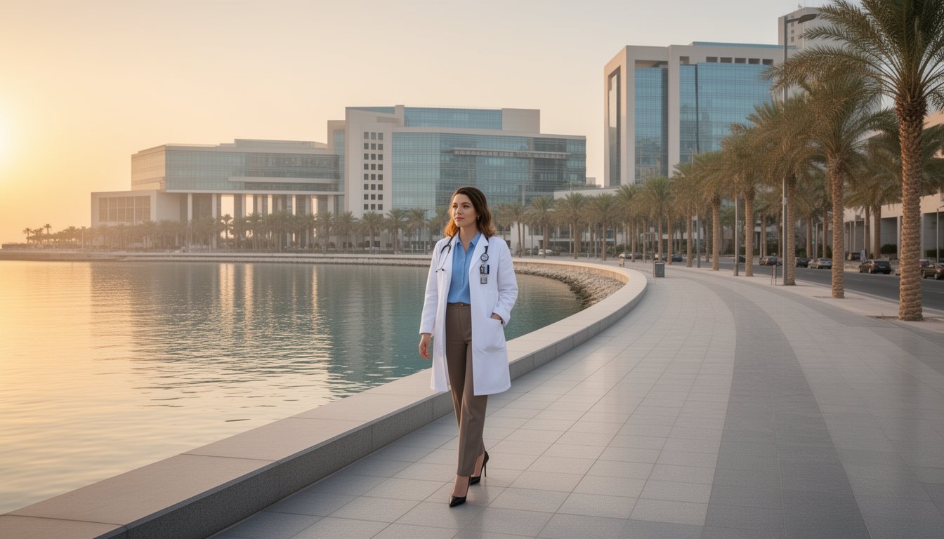 Dubai waterfront scene with doctor and modern healthcare facility