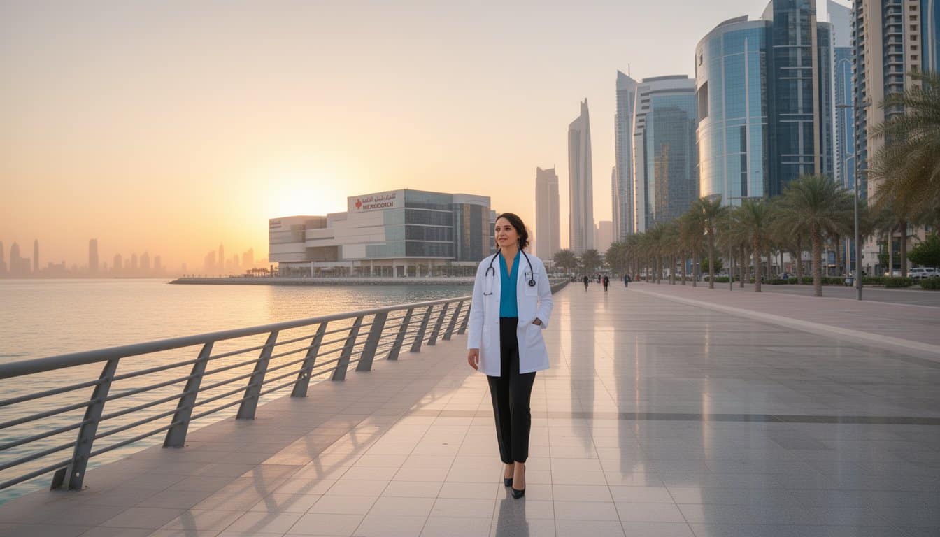 Doctor exploring Dubai waterfront near advanced healthcare facility