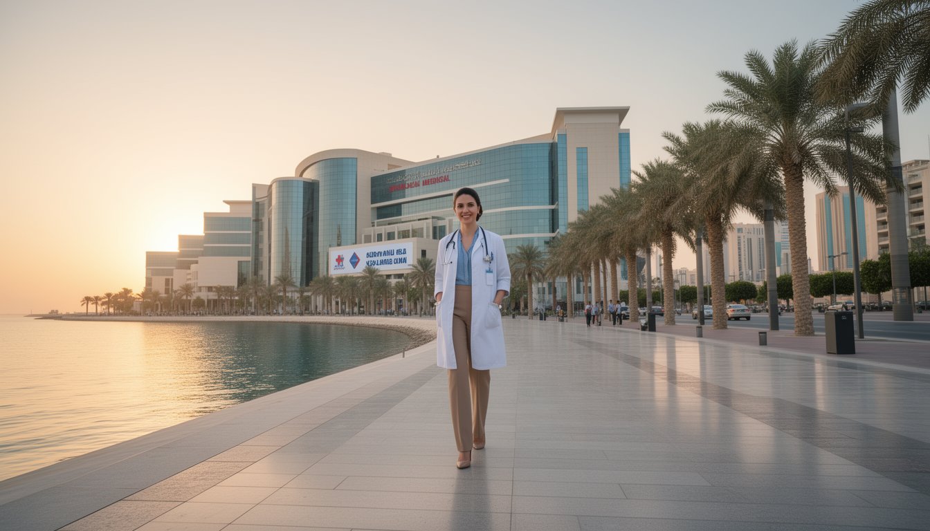 Dubai medical career concept with doctor walking by waterfront