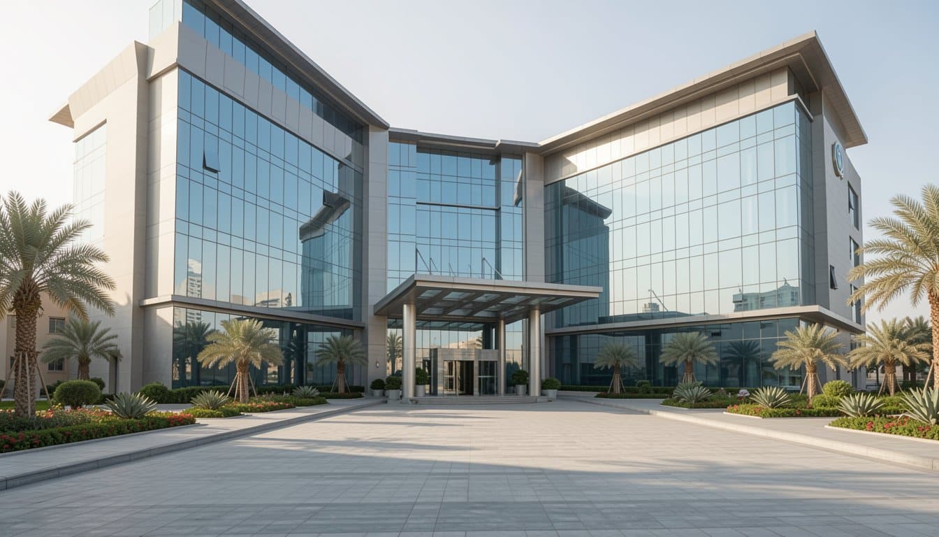 Photorealistic modern hospital exterior with glass walls and soft morning lighting
