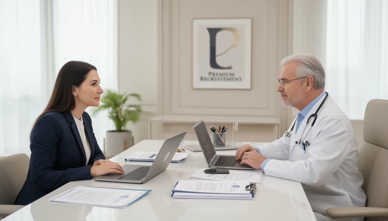 Business meeting scene with healthcare advisor and doctor in premium office