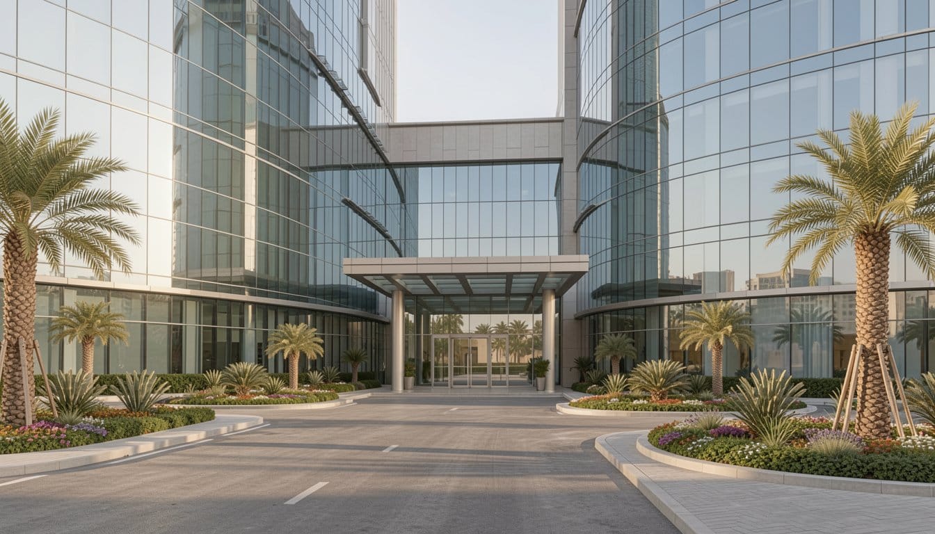Private hospital with sleek architecture and clean entrance under natural sunlight