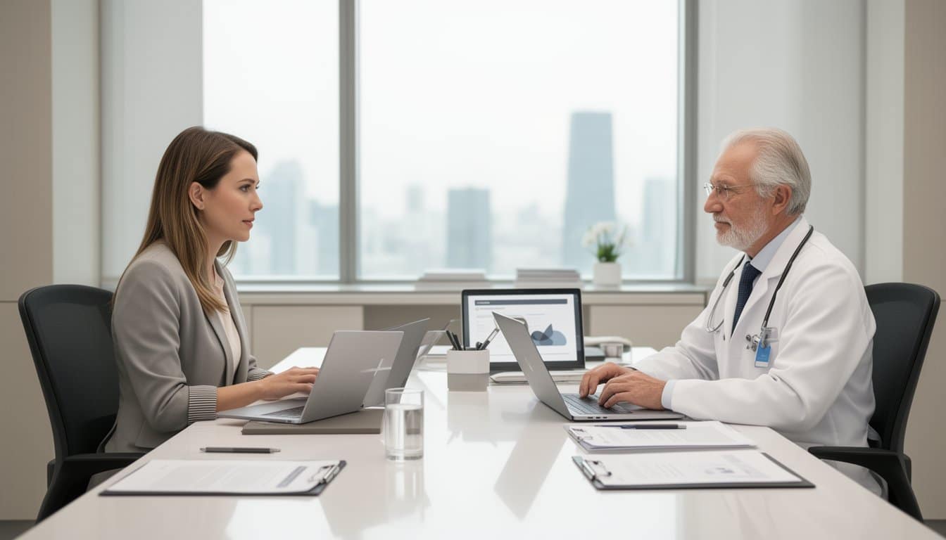 Calm consultation between healthcare recruiter and doctor at organized desk