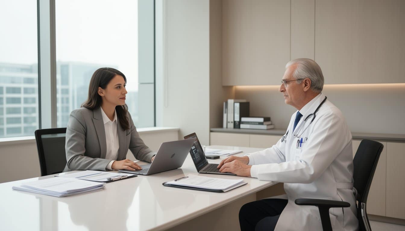 Senior doctor meeting recruitment advisor in clean and sophisticated workspace