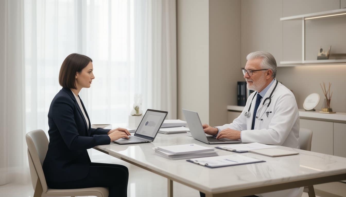 Recruitment meeting with doctor and advisor at desk with organized documents