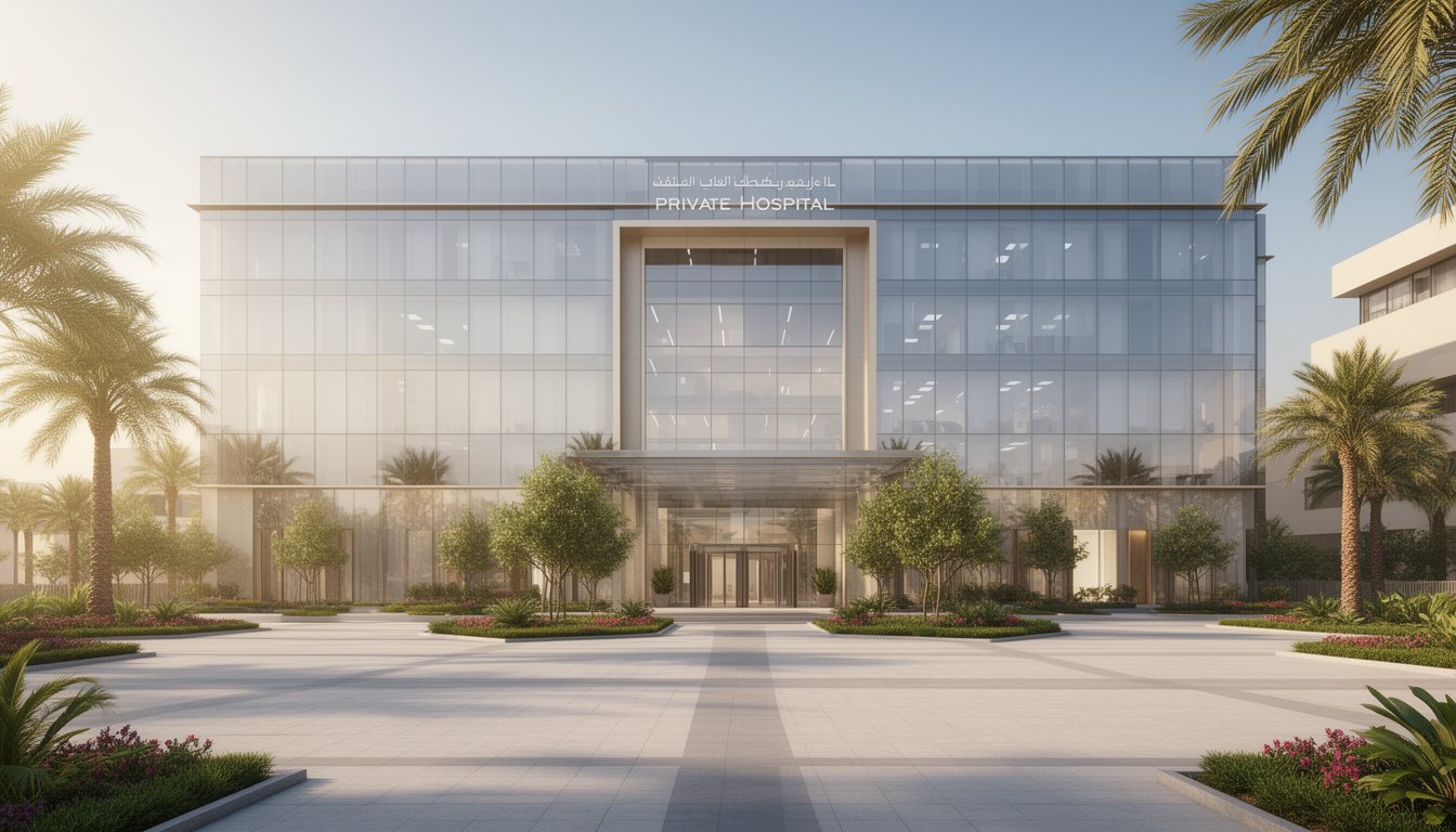 Clean and elegant hospital exterior with minimal design and landscaped front