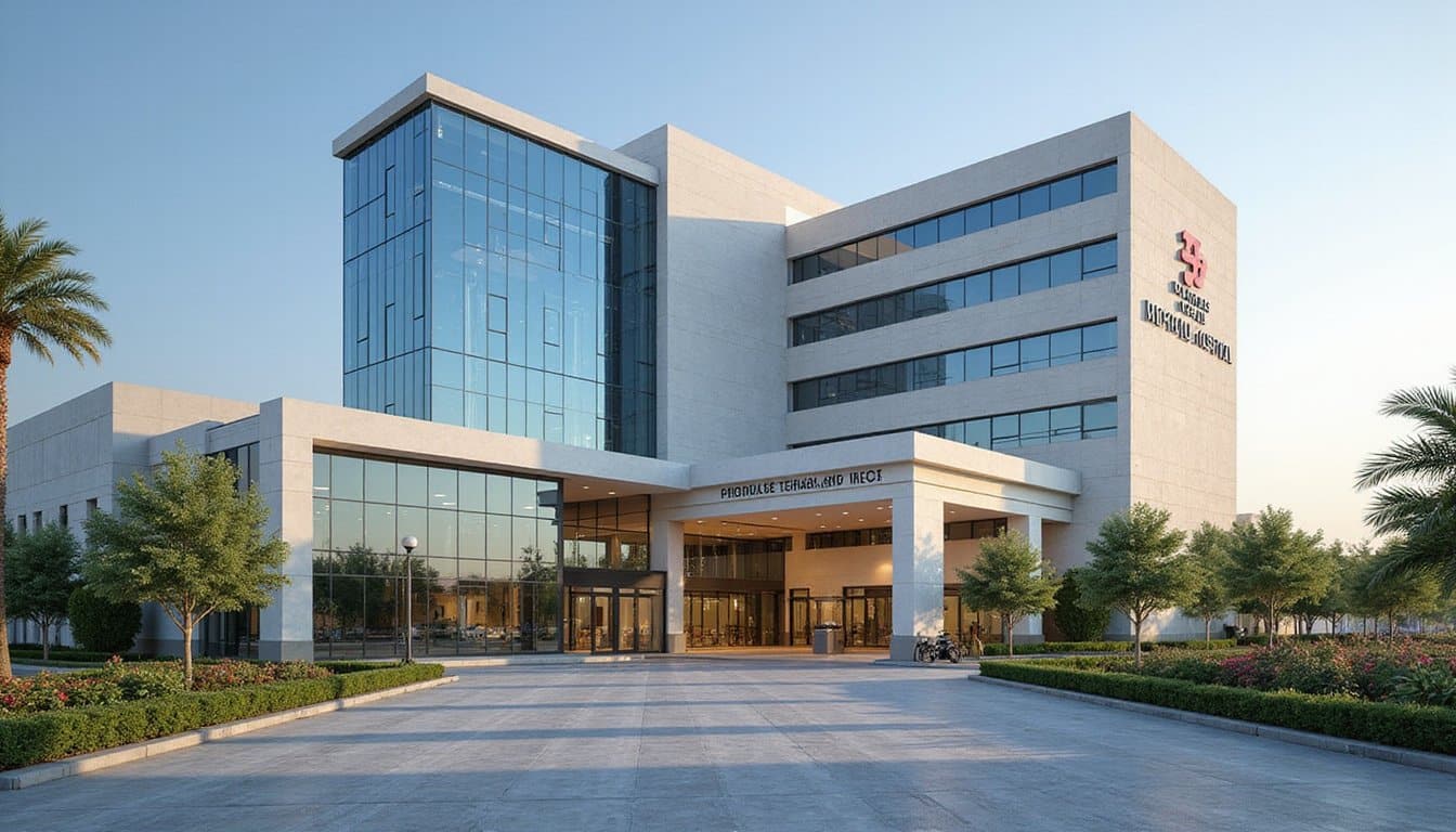 High-end healthcare facility exterior with modern design and landscaped surroundings