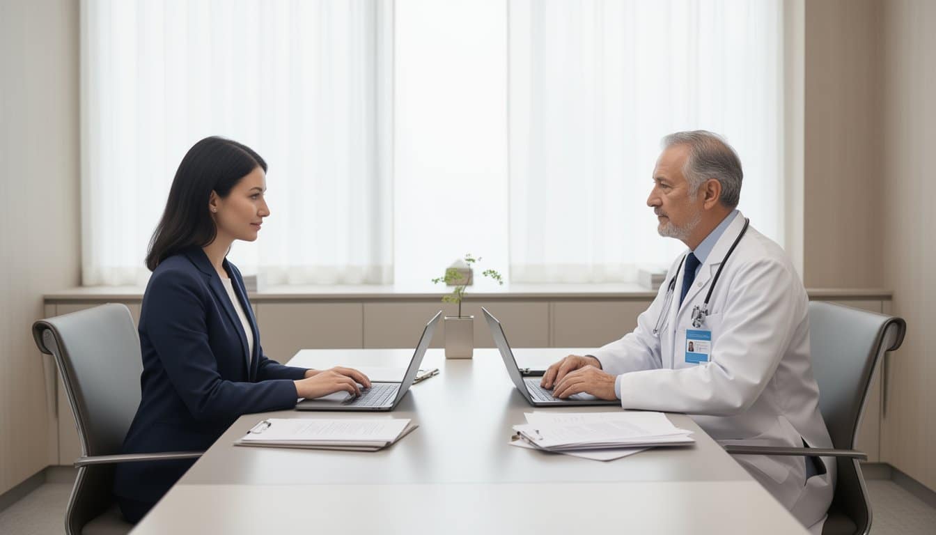 Healthcare recruitment advisor meeting senior doctor at modern desk with laptops and documents