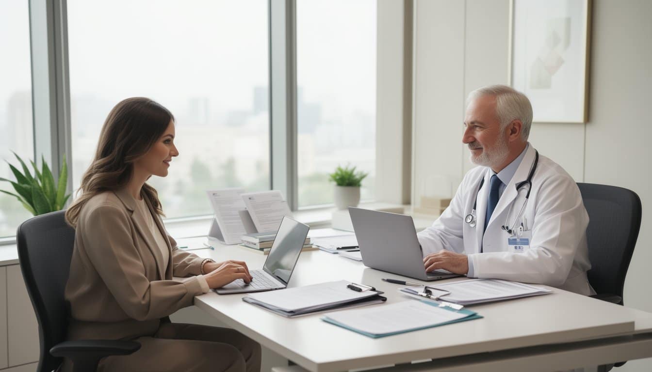 Advisor consulting with doctor in clean office with laptops and paperwork
