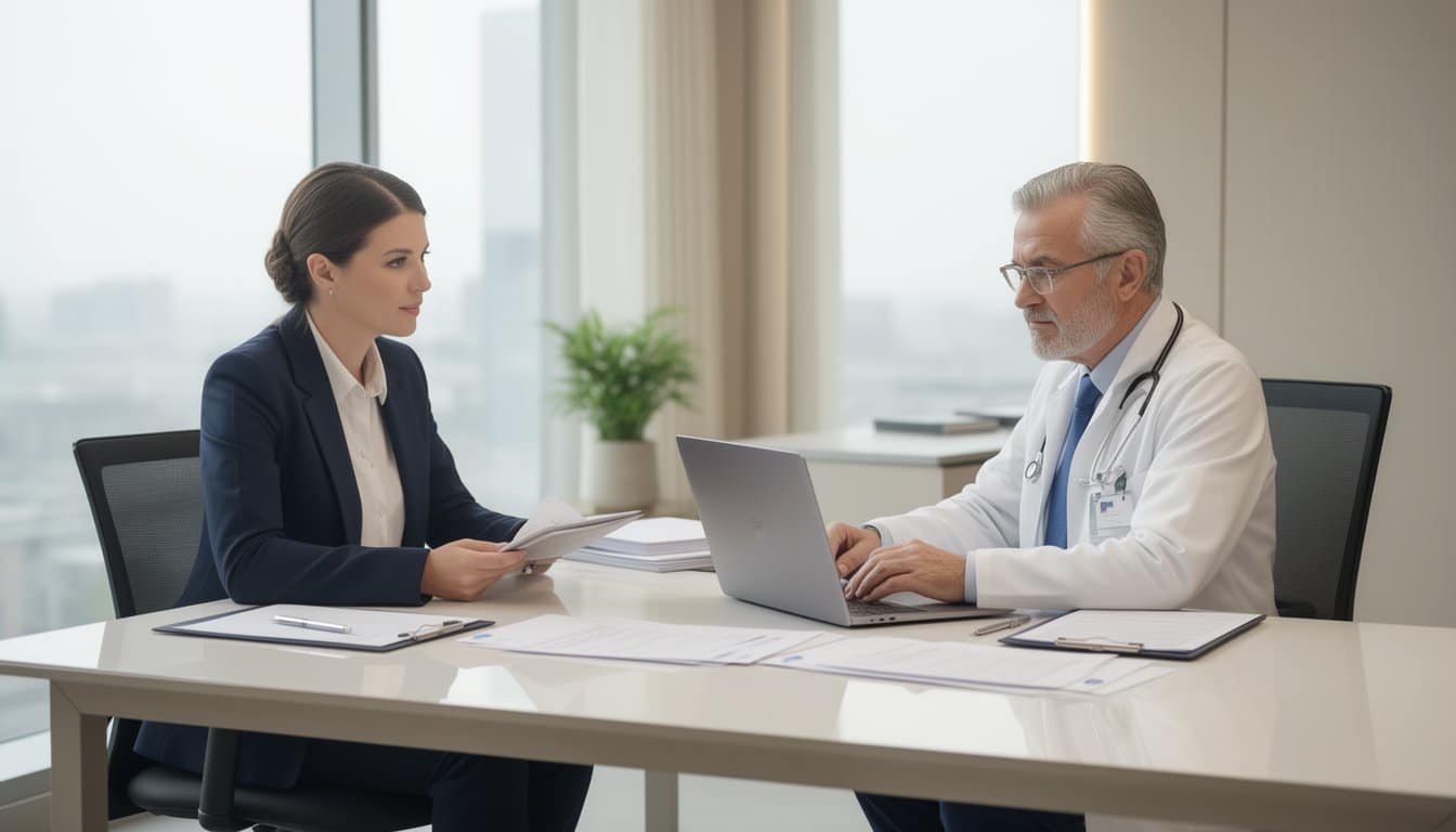 Professional consultation between recruiter and doctor in sophisticated office setting