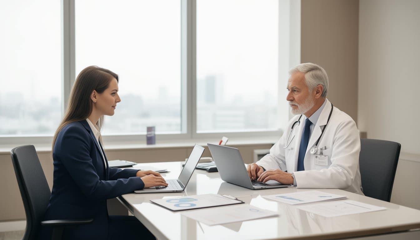 Advisor and doctor reviewing documents during healthcare recruitment meeting