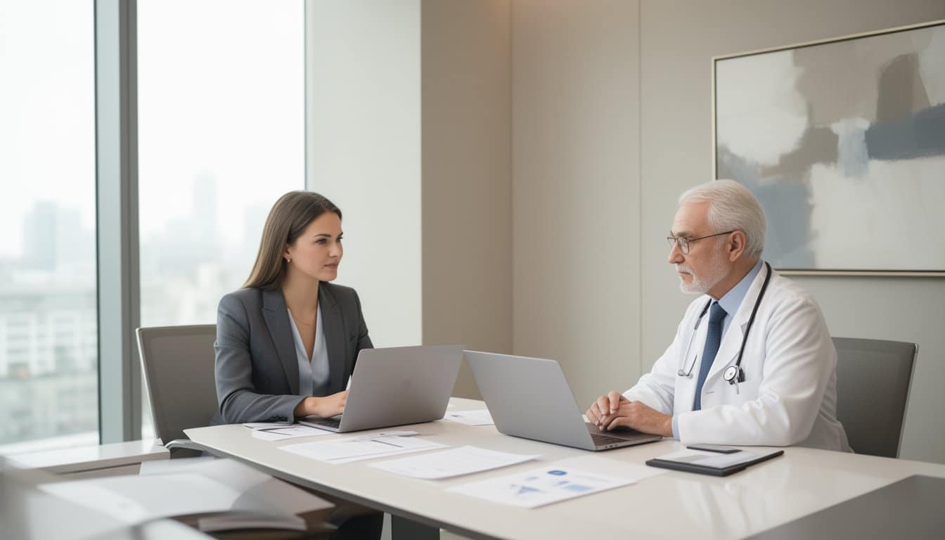 Modern office consultation with recruiter and doctor using laptops and paperwork