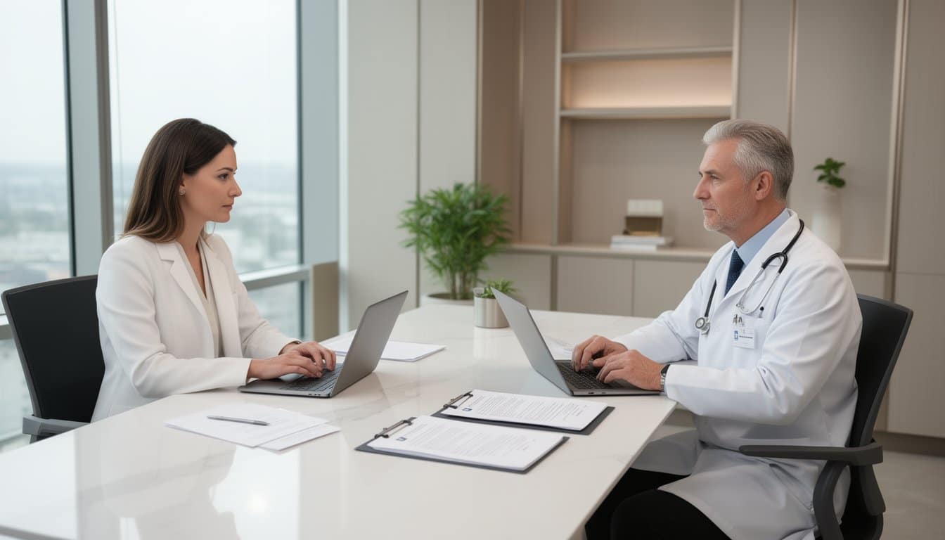 Professional healthcare recruitment discussion in bright and minimal office
