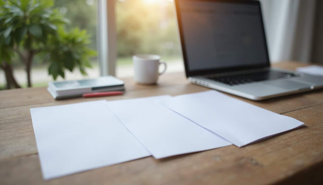 Blank white sheets of paper on a wooden desk beside a laptop in a bright workspace